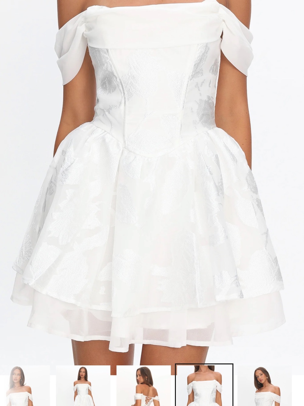 Selfie Leslie White Off-Shoulder Jacquard Short Bridal Dress - Picture 4 of 9
